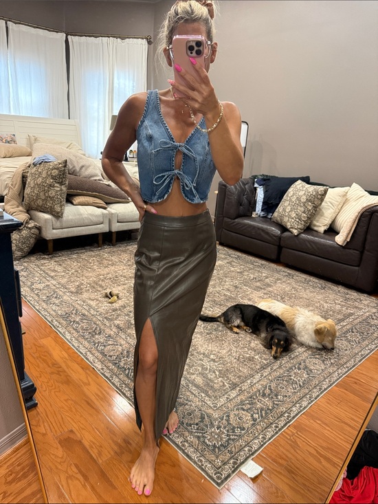 Dresses & Skirts - High-Rise Brown Faux-Leather Maxi Skirt with Thigh Slit and vest set